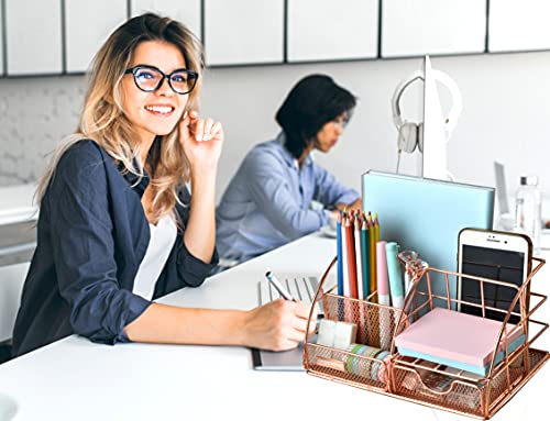 Rose Gold Desk Organizer for Women, AUPSEN Mesh Office Supplies Desk  Accessories, Features 5 Compartments + 1 Mini Sliding Drawer