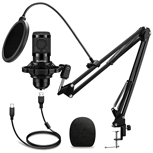 USB Microphone, Professional Microphone 192kHz/24Bit Plug & Play PC Computer Microphone Condenser Cardioid Mic Kit with Adjustable Boom Arm Stand Shock Mount,for Podcast, Streaming, Studio Recording