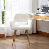 SSLine Faux Fur Vanity Chair Elegant White Furry Makeup Desk Chairs for Girls Women Modern Comfy Fluffy Arm Chair with Wood Look Metal Legs in Bedroom Living Room