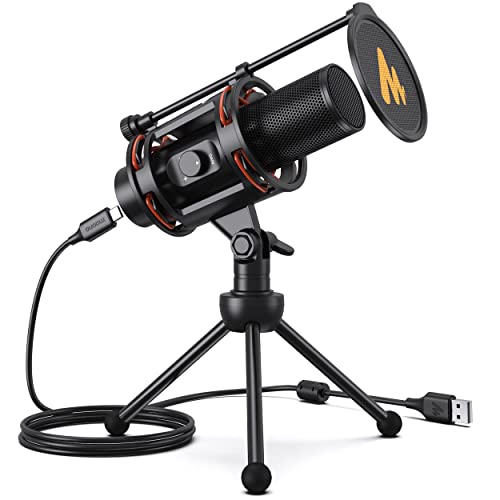 MAONO Computer Microphone for PC, All in One USB Mic 192kHz/24bit with Metal Pop Filter, Tripod, Gain Knob & 0-Latency Monitoring for Zoom Meeting, Podcasting, Streaming, YouTube, Voice Over, Gaming