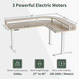 FEZIBO Triple Motor L Shaped Stadning Desk with LED Strip & Power Outrlets，63 inches Height Adjustable Stand up Corner Desk with Ergonomic Monitor Stand, White Frame/Light Walnut Top