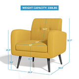 JustRoomy Upholstered Mid-Century Modern Accent Chair Comfortable Fabric Armchair Bedroom Chair Living Room Chair with Arms & Black Wooden Tapered Leg Removable Seat Cushion, Yellow