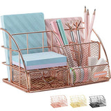 Rose Gold Desk Organizer for Women, AUPSEN Mesh Office Supplies Desk Accessories, Features 5 Compartments + 1 Mini Sliding Drawer