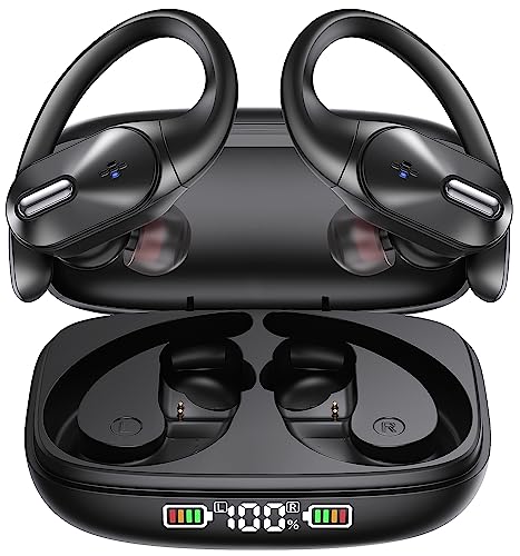 Bluetooth Headphones Wireless Earbuds Bass Stereo Sound with Wireless Charging Case 48H Playback Earphones LED Display With Built in Mic and Over Earhooks Waterproof Headset for Running Workout Sports