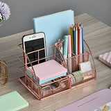 Rose Gold Desk Organizer for Women, AUPSEN Mesh Office Supplies Desk Accessories, Features 5 Compartments + 1 Mini Sliding Drawer