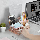 Rose Gold Desk Organizer for Women, AUPSEN Mesh Office Supplies Desk Accessories, Features 5 Compartments + 1 Mini Sliding Drawer